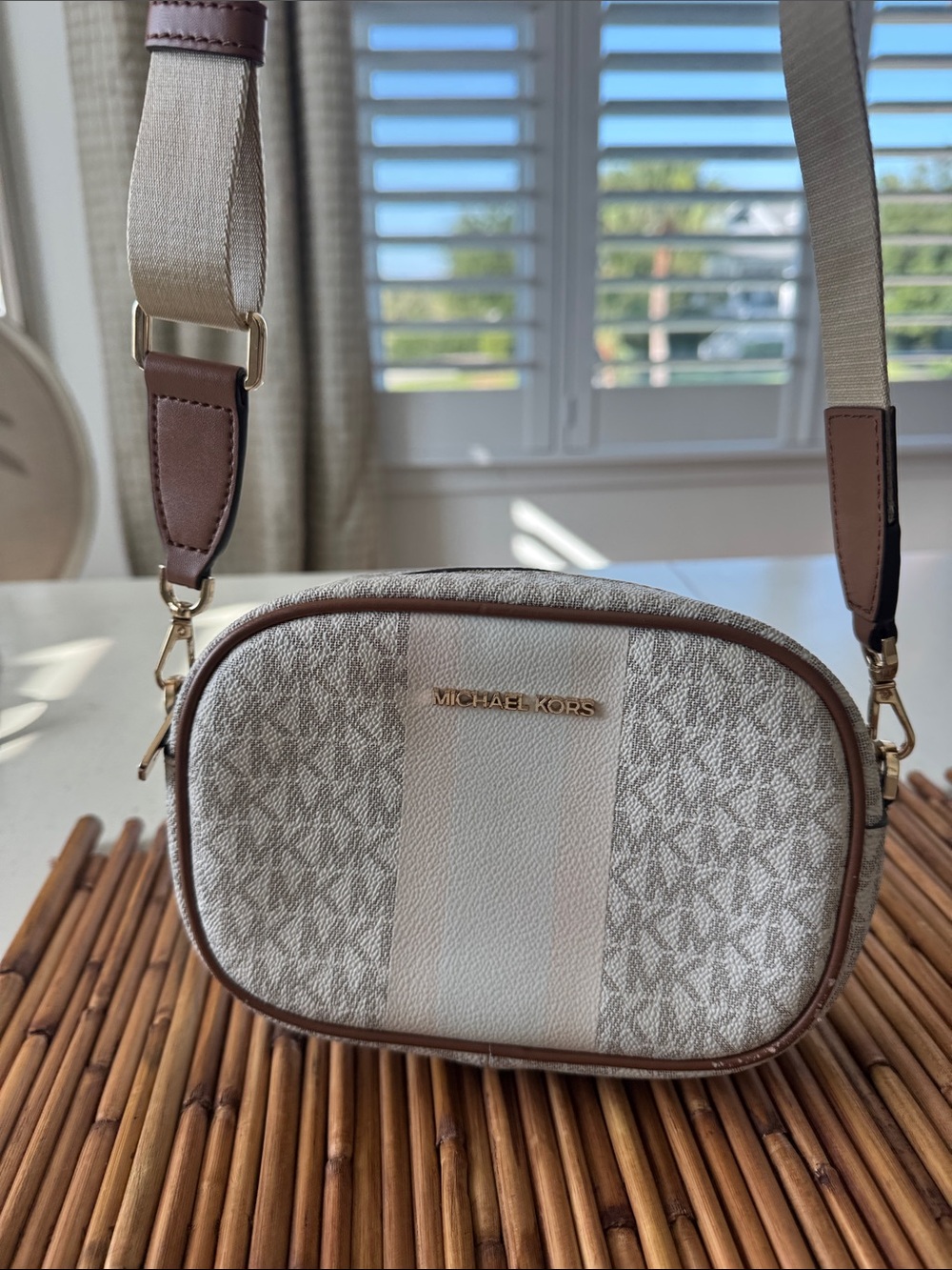 Michael Kors Cream and Brown Logo Crossbody Bag
